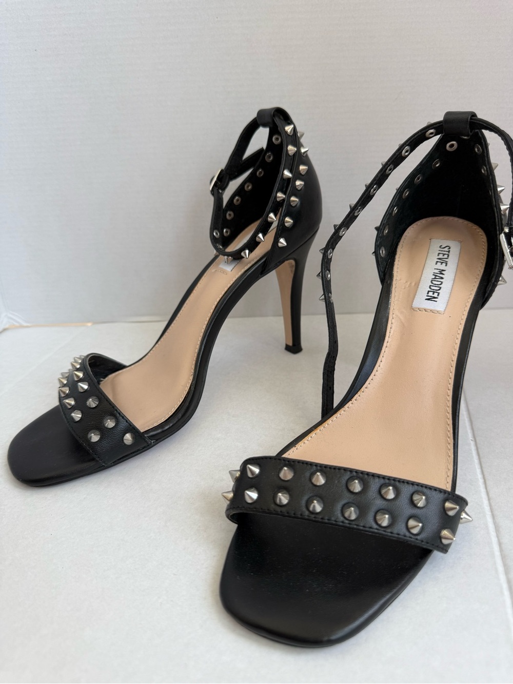 Steve Madden 8.5 Black Studded Open-Toe Ankle-Strap High Heels Lavali Spikes